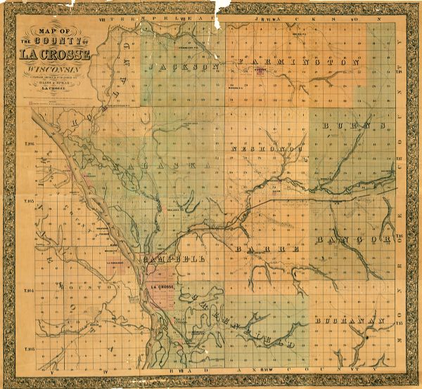 Map of La Crosse County, Wisconsin showing village plat, farm houses, schools, roads, railroads, township names (New Amsterdam, Dacota, Minnesota, Driesbach City, Minnesota, Sebastopol, Minnesota, Freemont, Minnesota, Rome, Minnesota, Brooklyn, Minnesota, La Crescent, Minnesota, Hokah, Minnesota, Winnebago, Stevestown, Halfway Creek, Newton, Bur Oak, Mindora, Neshonoc, Salem, Burns, Bangor, Big Creek, Onalaska, North La Crosse, La Crosse, Mormon Cooley, South La Crosse, Island City, Barrie Center) and boundaries, towns and post office locations, section numbers, rivers, creeks and state lands.