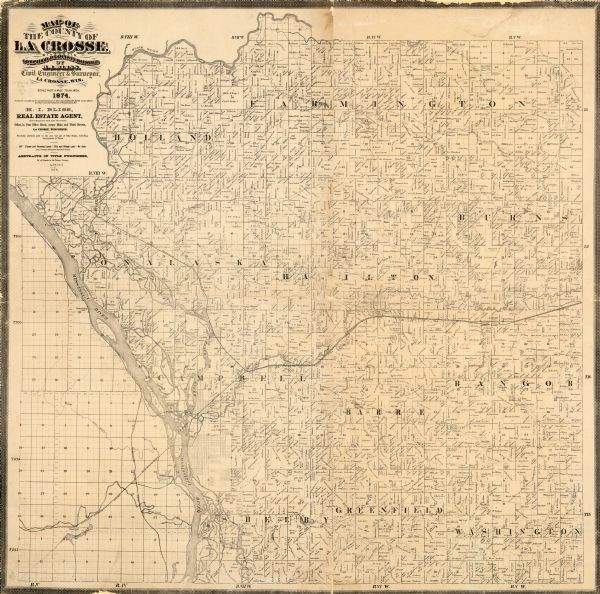 Map shows townships and sections, landownership and acreages, railroads, and roads. The map was compiled by the civil engineer and city surveyor agent H.I. Bliss. Map advertised "Farms and Farming Lands-City and Village Lots-for Sale."