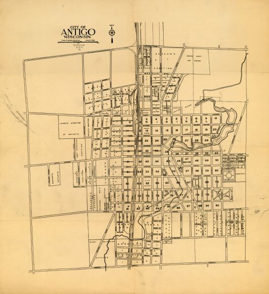 Map shows land ownership and streets in the town of Antigo.