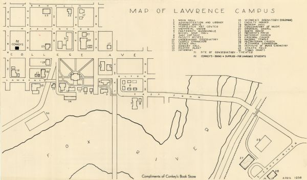 Map includes an index for building locations on the Lawrence University campus in the upper right hand corner. Map shows roads, rivers, campus buildings by number, and location of Conkey’s Book Store. The bottom of the map reads: "Compliments of Conkey's Book Store April 1956."