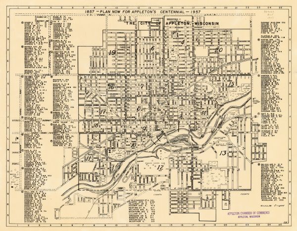 Map is indexed by street name in the margins. The map shows roads, highways, railroads, parks, city buildings, schools, cemeteries, city limits, and the Fox River. The top of the map reads: "1857-Plan Now For Appleton's Centennial-1957." Stamped on the bottom right margin in purple ink reads: "APPLETON CHAMBER OF COMMERCE APPLETON, WISCONSIN."