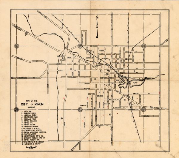 Map of Ripon, Wisconsin. In the lower left hand corner is a list of points of interest that correspond with numbers on the map. Streets and Mill Pond are labelled. Streets running horizontally begin at the top with "Oskkosh St." and end with "Griswold St." Streets running vertically begin to the left with "West St." and end with "Douglas St."