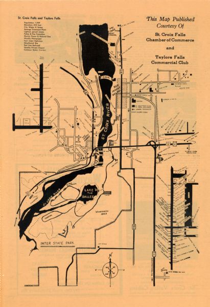 Map showing St. Croix Falls and Taylors Falls, Minnesota. The map was produced by the St. Croix Falls Chamber of Commerce and Taylor Falls Commercial Club. The map shows businesses, public buildings, Inter State Parks, the St. Croix River, and the Lake O'The Dalles. Published in The Dalles Visitor, 1969. Inset maps show: downtown Taylors Falls and downtown St. Croix Falls.