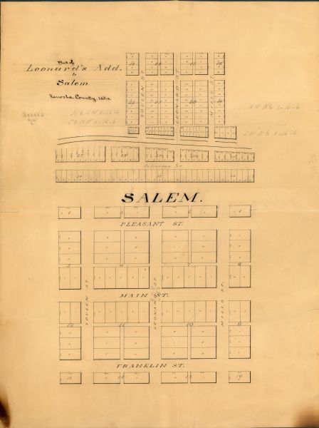 Map is ink and pencil on paper. Map showing Leonard's Addition to Salem Wisconsin in Kenosha County. The plats are numbered.