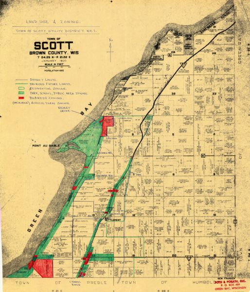 Map is ink and color on a photocopied base map. Map shows district limits, proposed future limits, and names of land owners. Base map, by A.A. Porath, shows landownership and acreages in 1935. There is a blue, green, and red key in the upper left corner: "DISTRICT LIMITS." "PROPOSED FUTURE LIMITS." "RESIDENTIAL ZONING." "PARK, SCHOOL, PUBLIC AREA ZONING." and "BUSINESS ZONING." The map features annotations in blue ink.