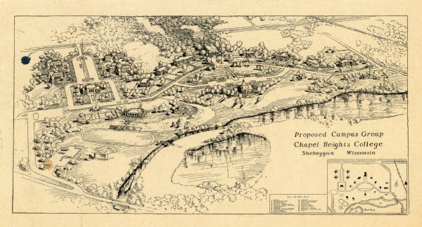 This map is a bird's-eye-view of Chapel Heights College showing the proposed grouping of campus buildings. The bottom right corner features a small inset map and key with a detailed plot plan of the buildings.