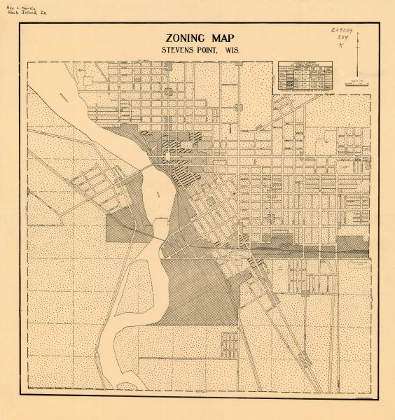This map shows zoning in the city of Stevens Point. Streets are labeled and the upper right hand corner features a "Legend & Summary Of Zoning Regulations" showing pasterns used to indicate different zoning regulations.