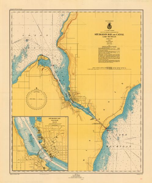 This map of Sturgeon Bay is part of the survey of the northern and northwestern lakes. The map shows lights, railroads, roads, and some public buildings. Relief is shown by contours and water depths are shown by gradient tints and soundings in feet. The bottom of the map reads: "Aids to navigation corrected to October 6, 1950." The map also includes an inset map of Sturgeon Bay. The back of the map has an outline of charts of the Great Lakes.