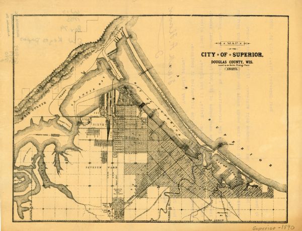 This map of Superior shows city wards, bays, docks, some businesses and points of interest. Relief is shown by hachures. The back of the map features a typewritten letter regarding county bonds for school funding, dated July 25, 1893, signed John Hunner and inscribed by Frank A. Flower.