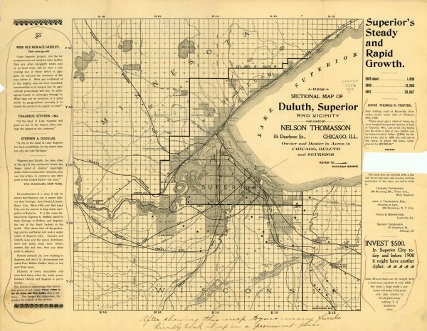 This map of Duluth and Superior show lands that "will be for sale soon" in portions of Douglas County, Wisconsin and Saint Louis County, Minnesota. The map also shows city limits and railroads. Relief is shown by hachures. The margins includes quotes about quality of life in the cities and an annotation that reads: "After showing this map to your many friends kindly tack it up in a prominent place."