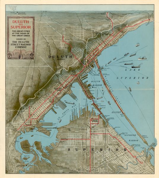 This map of Duluth and Superior was issued by the Duluth Street Railway Company and shows street railway routes in the cities, as well as lakes, bays, harbors, and some points of interest. This map may have been printed by The Matthews-Northrup Works in Buffalo, N.Y.