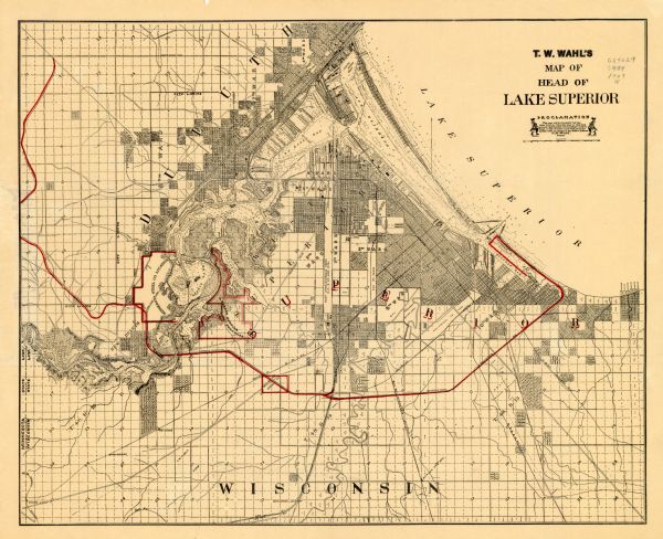 This map shows Duluth, Minnesota and Superior, Wisconsin, and portions of Saint Louis County, Minnesota and Douglas County, Wisconsin. Water depth is shown by soundings and isolines. Relief is shown by hachures. There is an annotation in red ink.