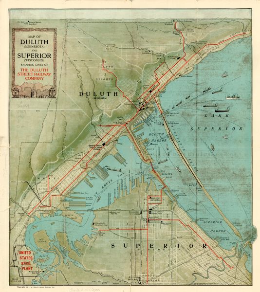 This map of Duluth and Superior shows street car routes, railroads, ferries, some points of interest, and lighthouses. The bottom left of the map reads: "Copyright, 1911, by Duluth Street Railway Co."