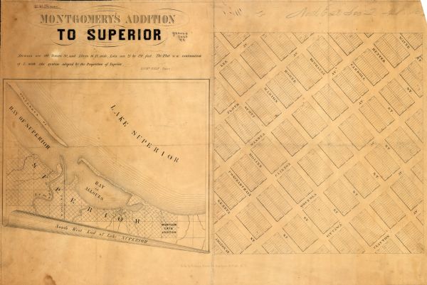 This map of Superior shows Montgomery's Addition. An inset map shows the south west end of Lake Superior where Montgomery's Addition is located. The map reads: "Avenues are 100, Streets 80, and Alleys 16 ft. wide, Lots are 25 by 120 feet. The plat is a continuation of & with the system adopted by the proprietors of Superior."