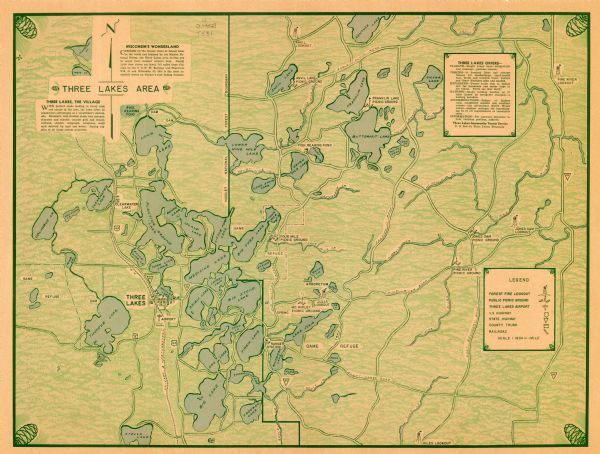 This map of Three Lakes shows forest fire lookout towers, picnic grounds, an airport, roads, and railroad. The map features text boxes on the Village of Three Lakes, "Wisconsin's Wonderland," and attractions in Three Lakes. The bottom right hand corner features a map legend. The road sand maps are labeled.