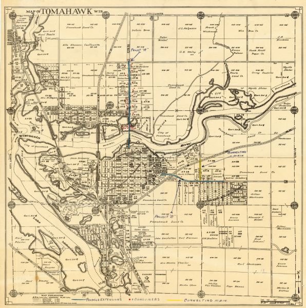 This map of Tomahawk shows landownership, an original plat of the city, various plat additions, roads, and railroads. The map includes annotations of road projects in red, blue, and yellow ink. The bottom of the map features a "Map Explanation" and a handwritten key of the annotations.