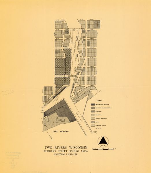 This map of Two Rivers shows the Rodgers street fishing area and land use. The map features a legend on the right of the types of land use. The map also shows harbor channel depth and bulkhead lines.