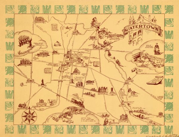 This map of Watertown pictorially shows historic buildings, locations, and events with dates. The map is printed in brown ink with the border printed in green ink.