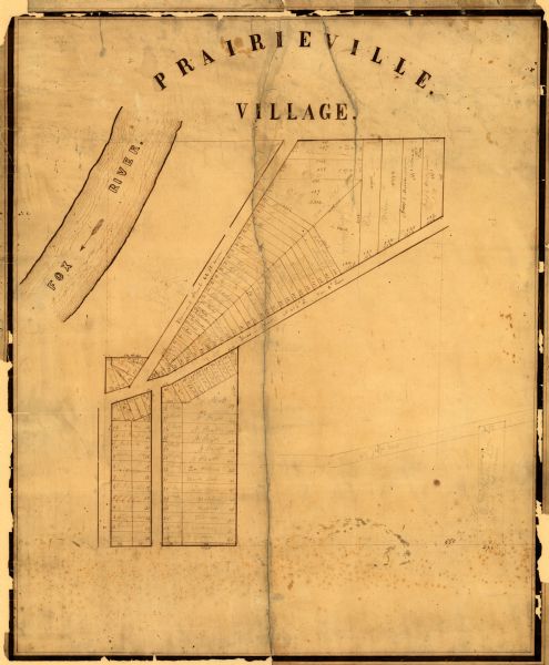 This map of Prairieville, later renamed Waukesha, is ink and pencil on paper and shows the Fox River, a plat of village, and lot owners.