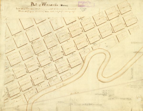 This is a plat map of "Wauzeeka" drawn in pencil. The map shows numbered lots, labeled streets, the Kickapoo River, and railroads. The map reads: "Laid out on N.W. 74, Sc 17. Lot No. 1 Sec 17 & part of S.W. 74 Sec. 8. T. 7. N.T.4. West Blocks 300 ft square Streets 80 ft Wide lots 50 by 140 ft. Alleys 20 ft."