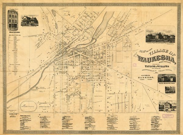 This map of Waukesha shows lot owners, buildings, and various plat additions. The margins of the maps include street reference, a Waukesha business directory, and illustrations of local buildings.