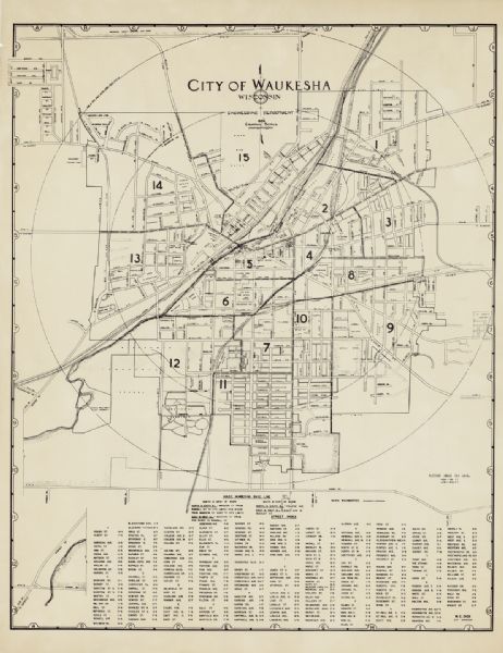 This map shows the voting districts of Waukesha in red ink for the year 1962. The bottom of the map includes an index of streets.