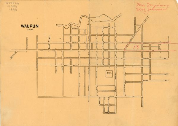 This is a map of Waupun in 1898 that shows labeled streets, railroads, and the location of the state prison. There are annotations on the map in what appears to be red pencil and the top right corner reads: "Mrs Mimann(?) Mrs Johnson."