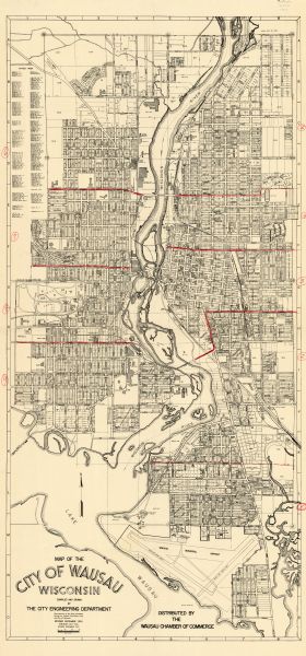 This map of Wausau distributed by the Wausau Chamber of Commerce was originally published in July of 1940 and shows the Wisconsin River. The map includes a street index and shows manuscript annotations in red.