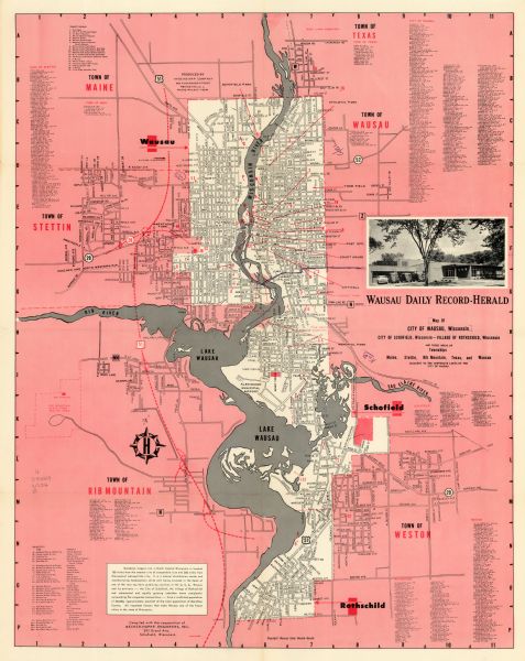 This map of Wausau is pink, red, gray, and white. The map includes indexes of streets, industries, and community buildings and features a photograph of the Wausau Daily Record-Herald building.