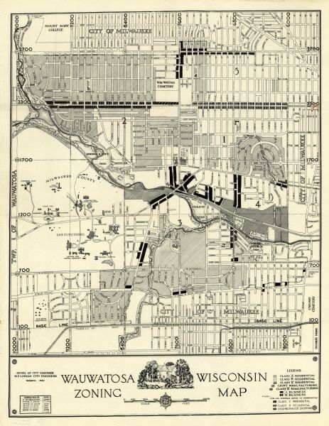 This map of Wauwatosa shows 10 zoning class types of land including residential, manufacturing, and business. The map also shows government buildings, some points of interests and labeled streets. The bottom left corner includes a correction box.