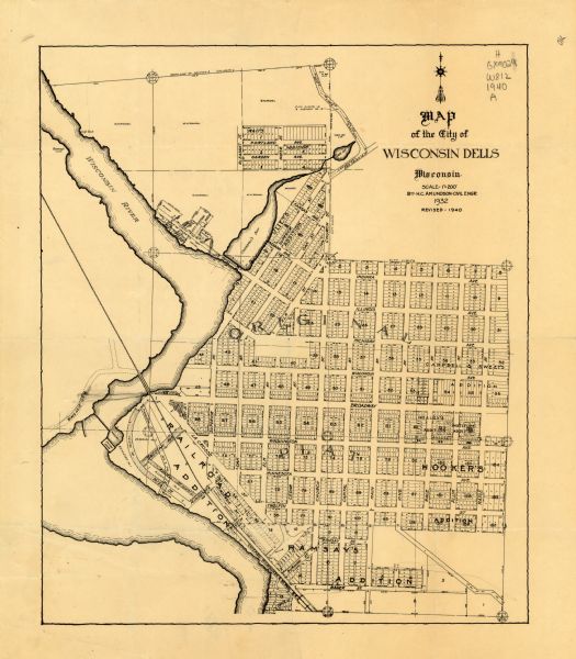 This map of the Wisconsin Dells shows original plats and various additions. Some streets are labeled as is the Wisconsin River. The map was originally created in 1932 and revised in 1940.