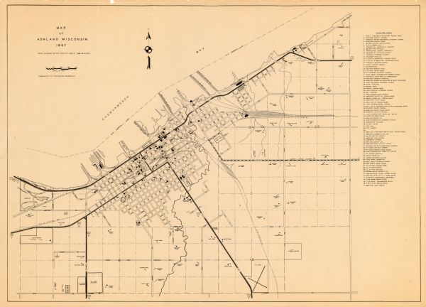 This map of Ashland is a cadastral map showing some rural landowners and includes index to points of interest. The map shows roads, railroads, parks, cemeteries, farms, and the Chequamegon Bay.