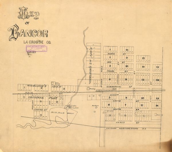 This map of Bangor is ink and pencil on cloth. The map shows roads, railroads, residences, mills, the original plat of Bangor, and the Wisconsin and Wheldon’s additions.