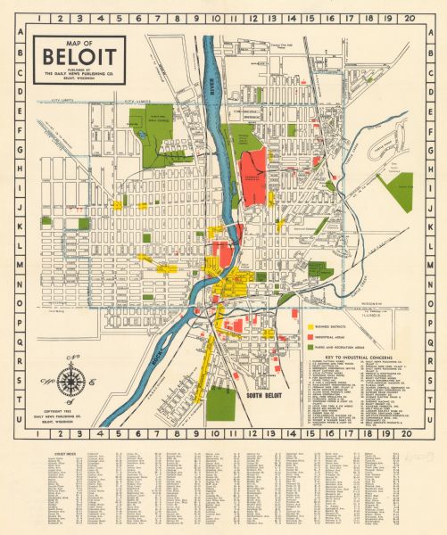 This colorful map of Beloit shows roads, railroads, rivers, creeks, business districts, industrial areas, and parks and recreation areas. The map includes an index of "industrial concerns" and streets.