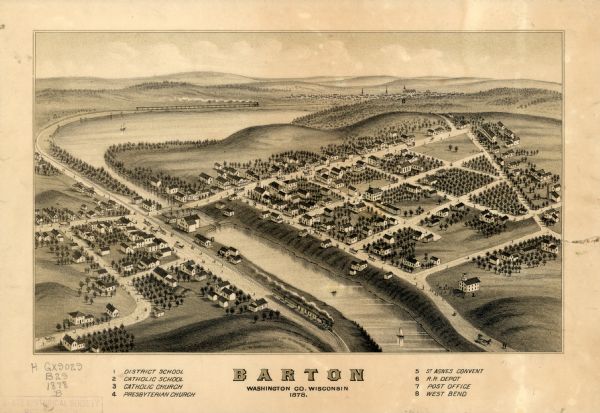 This bird’s-eye-view map of Barton is indexed for parochial and public schools, churches, a convent, the railroad depot, and the post office. 
