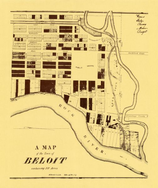 This map is a photocopy of the original plat of Beloit from 1838. The map shows labeled roads, lots, and rivers.