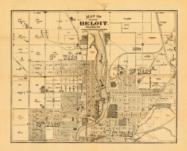 This map of Beloit shows labeled wards, plat of town, roads, railroads, the Rock River, city boundaries, and land ownership by name. The back of the map is text about the city and the cover reads: "Beautiful Beloit. A Healthful and Picturesque Location. A Thriving Manufacturing City. The Hum of Her Varied Industries Make Music and Money. Superb Water Power, Excellent Railroad Facilities, and Favorable Distributing Advantages. An Inviting Field For Laborer and Capitalist. Modern Improvements and Metropolitan Advantages. Schools, Churches and College Contribute To The Intellectual, Social and Moral Welfare. Reader Listen! If You Want a Home, an Occupation, Prosperity, Happiness, a Long Life, and a Fruitful Life, Come To Beloit! Read the Following."
