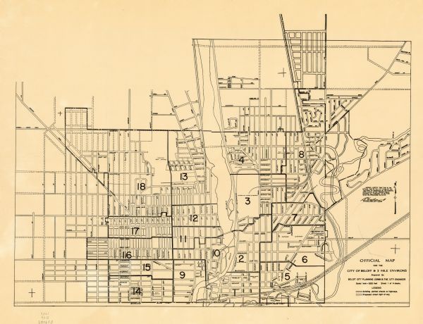 This map of Beloit shows existing platted streets or highways and proposed street right of way. The map reads: "I hereby certify that this is the official map of the city of Beloit established by Ordinance no. 158, enacted April 20, 1953 after proper public hearing all pursuant to Section 62.23(6), Wisconsin Statues, R.H. Calland, city clerk." The bottom right corner of the map contains a land legend.