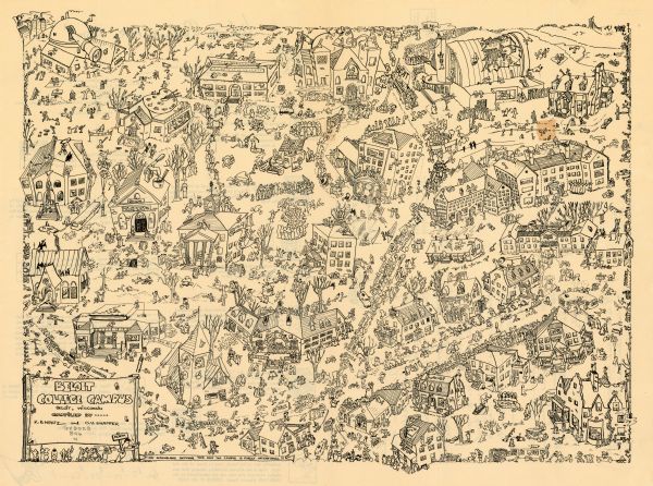 This map of the Beloit College Campus is a pictorial depiction of the layout of campus including buildings and students depicted as Shmoos (popular cartoon character). On the back the map includes other illustrations and handwritten text from the Beloit College Alumni Association encouraging alumni monetary contributions to the 1948-1949 Alumni Fund. The back reads: "Here, with the compliments of the Alumni Association, is a zany map of Beloit College thought up and drawn by a couple of Al Cappish undergrads. And now being uproariously appreciated by the shmoo - We mean students. It is sent to you for your amusement - and as a gentle reminder that if you haven't yet made your contribution to the 1948-1949 Alumni Fund, Now is the time to do it. Big or small. Your gift will be appreciated. Anything over the "minimum" ($3.00) May be channelled toward either Faculty Salaries or Alumni Scholarships. (If a card and envelope are enclosed, your contribution had not come in when this circular was mailed to you.)". The back also included descriptions about Beloit in 1949.