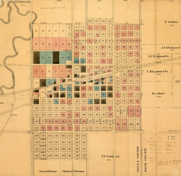 This map of Brohead shows land and lot ownerships by name and color, as well as roads, and railroads.