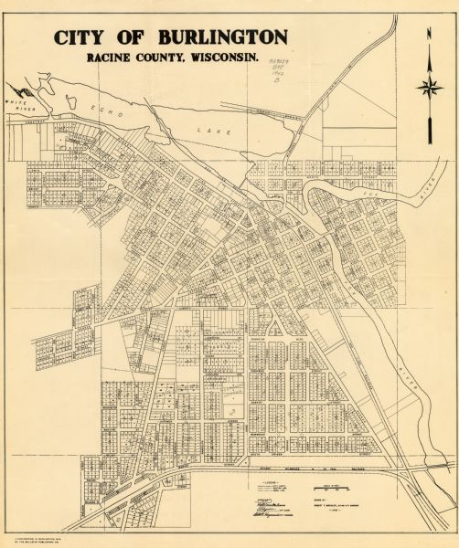 This map of Burlington shows plat of the town, city limits, section lines, 1/4 section lines of the plat sections, roads, railroads, rivers, and lakes. The bottom has a map legend.