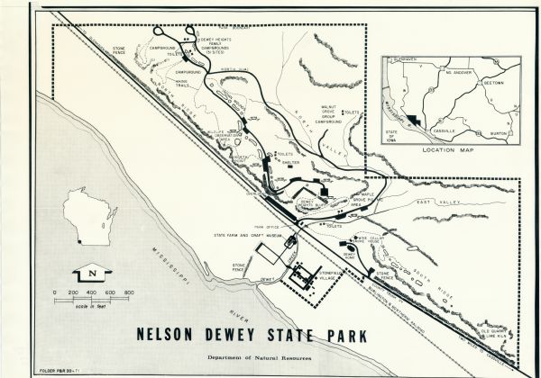 This map of Nelson Dewey State Park shows the park layout, points of interest, facilities, campgrounds, roads, railroads, and the Mississippi River. Relief is shown by hachures and the map includes 2 inset location maps. The left margin reads: "Folder P&R 30-71."
