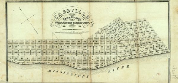 This map of Cassville shows plat of the town, roads, landings and public wharfs and the Mississippi River.