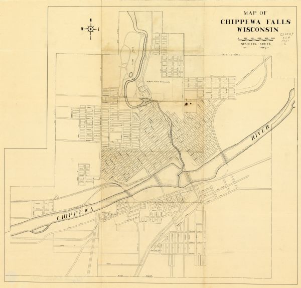This map of Chippewa Falls shows the city of Chippewa River, city limits, roads, highways, fair grounds, and parks.
