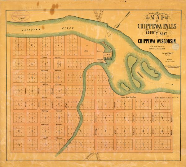 This map of Chippewa Falls is a lithograph and shows plats, labeled streets, landings, some businesses, and the Chippewa River. The map was drawn "from actual Surveys by Young and Palmer H.S. Allen & Co. Proprietors."
