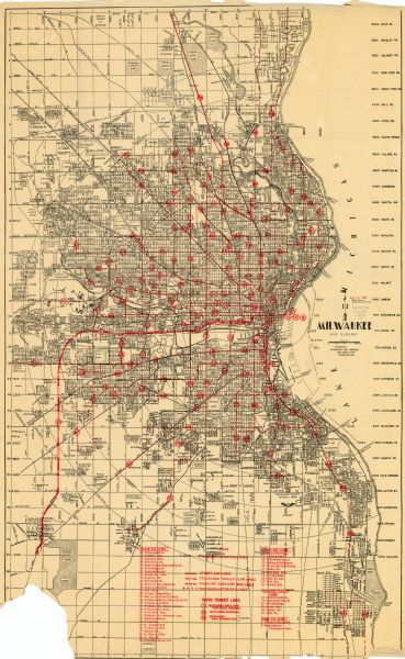 This map of Milwaukee and surrounding suburbs includes an index to the orange bus, rapid transit, street car, trackless trolley, and the green bus lines. The routes are in red ink. The map has streets ranges are numbers in the margins to locate transportation lines. Many streets and points of interest are labeled, as well as Lake Michigan.