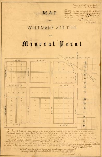 This map of Woodman's Addition in Mineral Point is pen-and-ink on paper. The map includes certifications signed by John B. Whitelaw (surveyor), Cyrus Woodman (owner), a register, and a notary public. Woodman's Addition falls between North and South Street, and Edward and Mary Street.