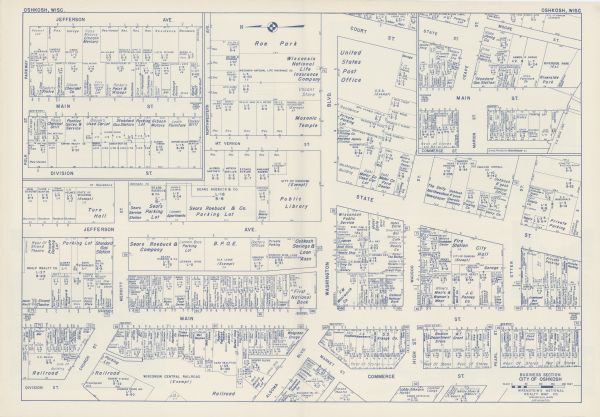 This map of the business section of Oshkosh shows businesses and lot owners. The map is oriented with north to the left and includes 2 "continued inset" maps. The map includes aerial views of Oshkosh, text about the city, and illustrations.