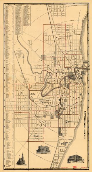 This map of Racine includes an indexed street directory, schools, public buildings, parks, directory of buildings, and churches. The map includes 3 illustrations of local buildings. Streets and Lake Michigan are labeled.