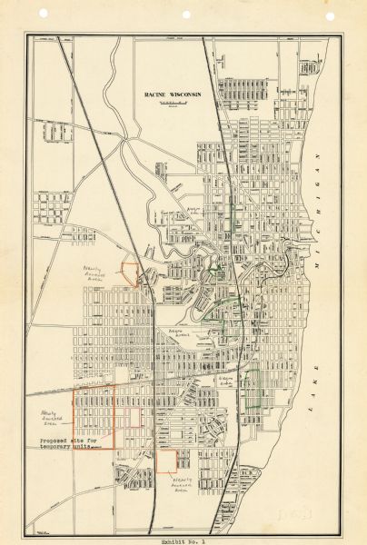 This map of Racine has labeled streets, the Root River, Lake Michigan, and includes manuscript annotations of newly annexed areas and African-American neighborhoods.